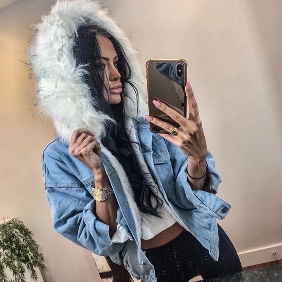 Denim Jean Jacket with Fur Hood - Picture 4 of 4